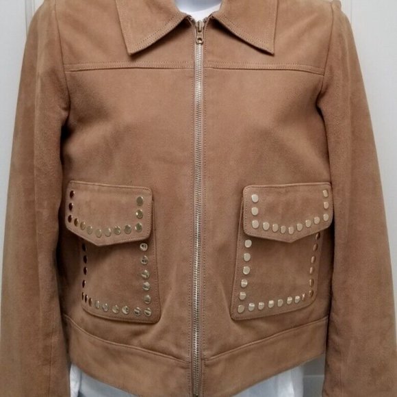 Sandro Paris Tan Patriote Studded Pockets Suede Leather Jacket Size 2 or Medium - Picture 6 of 11